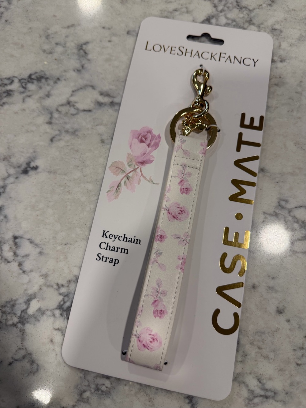 case-mate & LoveShackFancy Cream & Pink Floral Keychain Strap with Gold Hardware